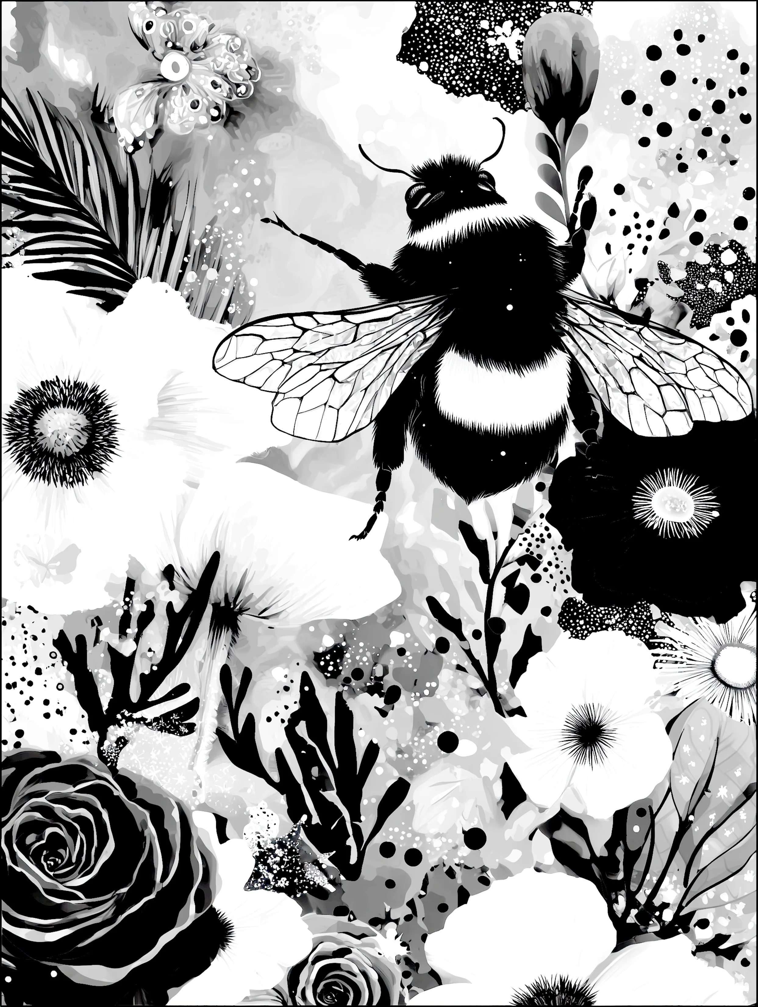 Free printable bee coloring page for adults featuring climbing bee on a bunch of flowers